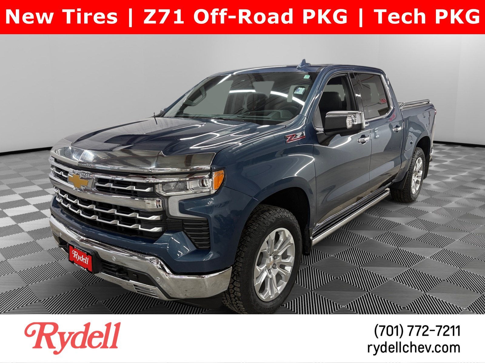 2024 Chevrolet Silverado 1500 LTZ in Lakeshore Blue Metallic — front three-quarter view