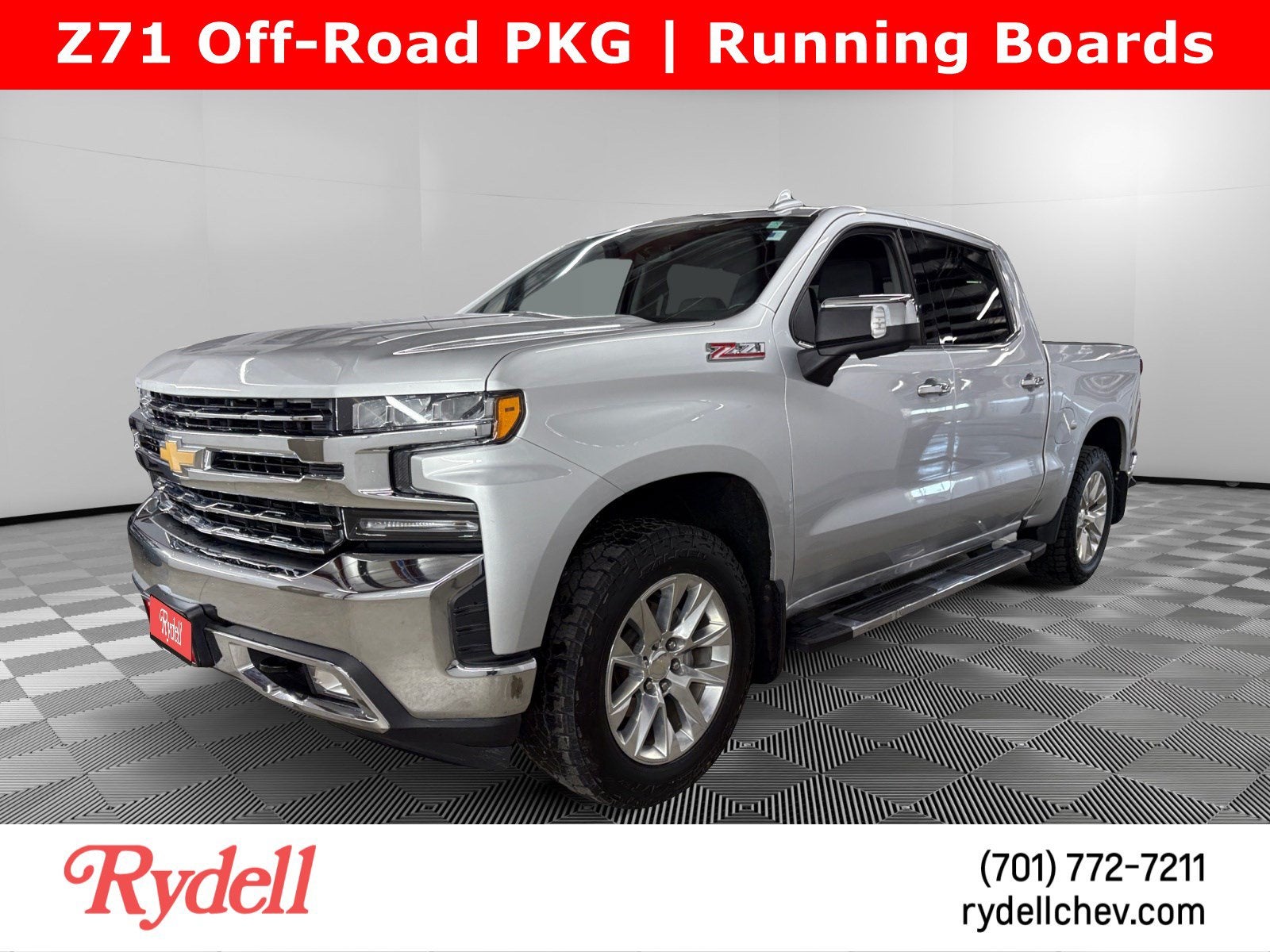 2019 Chevrolet Silverado 1500 LTZ in Silver Ice Metallic — front three-quarter view